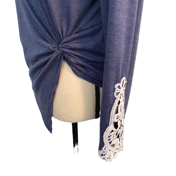 Noracora Blue Long Sleeve Side Tie Shirt Top with White Knit Sleeve Sz M - Picture 6 of 14